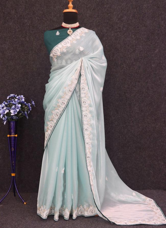 Burberry Silk Sky Blue Wedding Wear Embroidery Work Saree